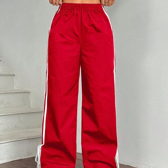 Red Casual Women's Side Contrast Tape Elastic Waist wide Pants - Picture 6 of 6